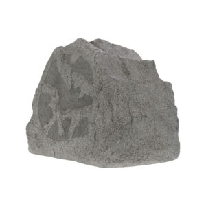 Rock-shaped outdoor speaker with textured surface.
