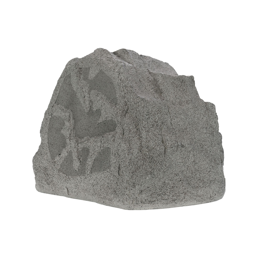 Rock-shaped outdoor speaker with textured surface.