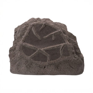Outdoor rock-shaped speaker with textured surface.