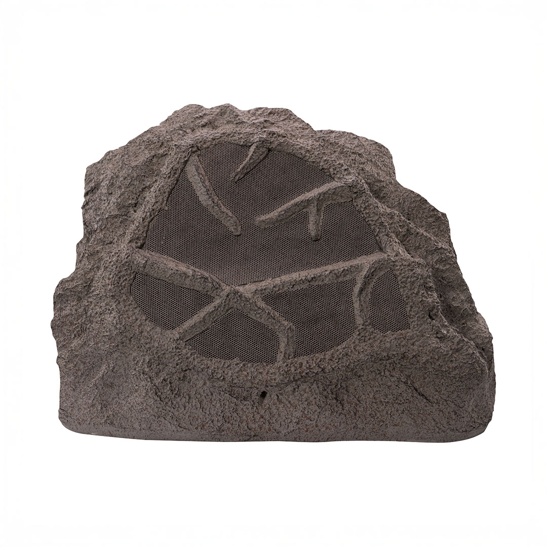 Outdoor rock-shaped speaker with textured surface.