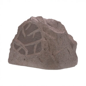 Outdoor rock-shaped speaker on white background.
