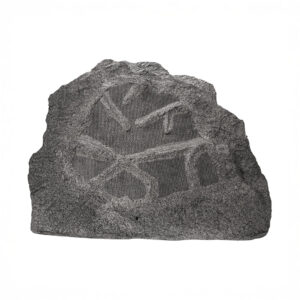 Gray rock-shaped outdoor speaker with textured surface