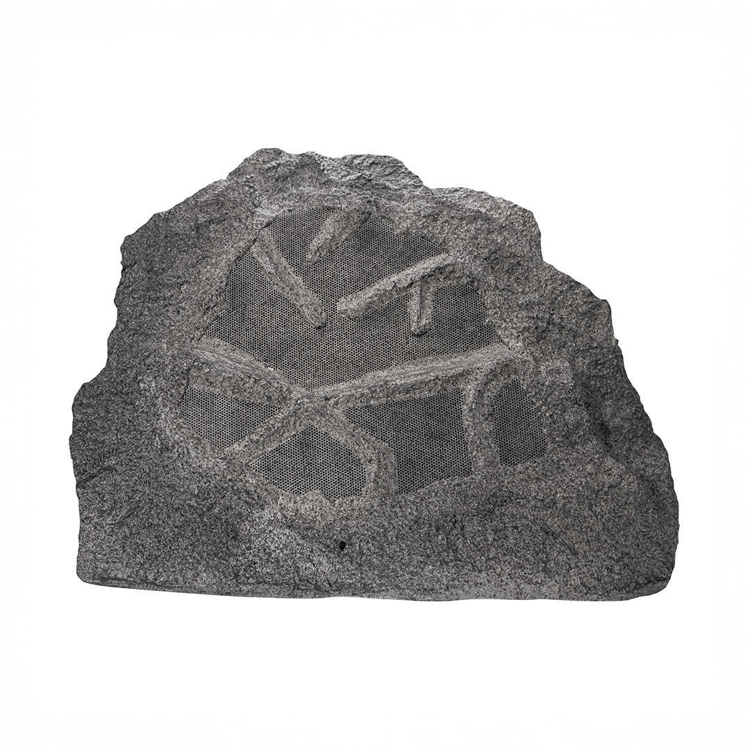 Gray rock-shaped outdoor speaker with textured surface