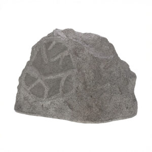 Decorative rock outdoor speaker with grille.