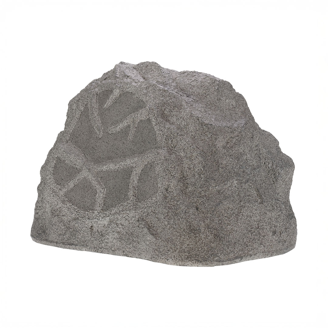Decorative rock outdoor speaker with grille.