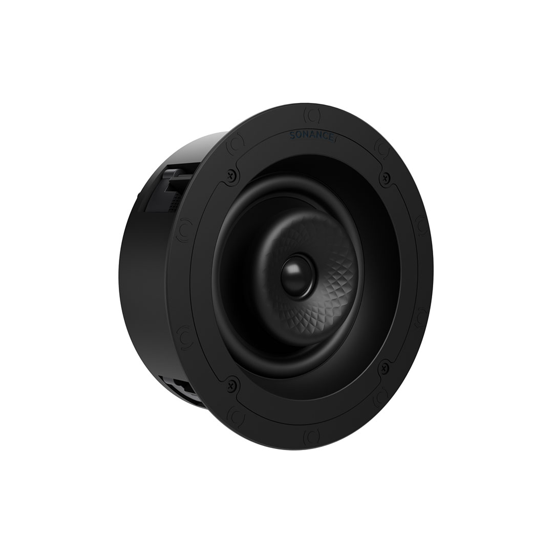 Round black ceiling speaker with textured cone design.