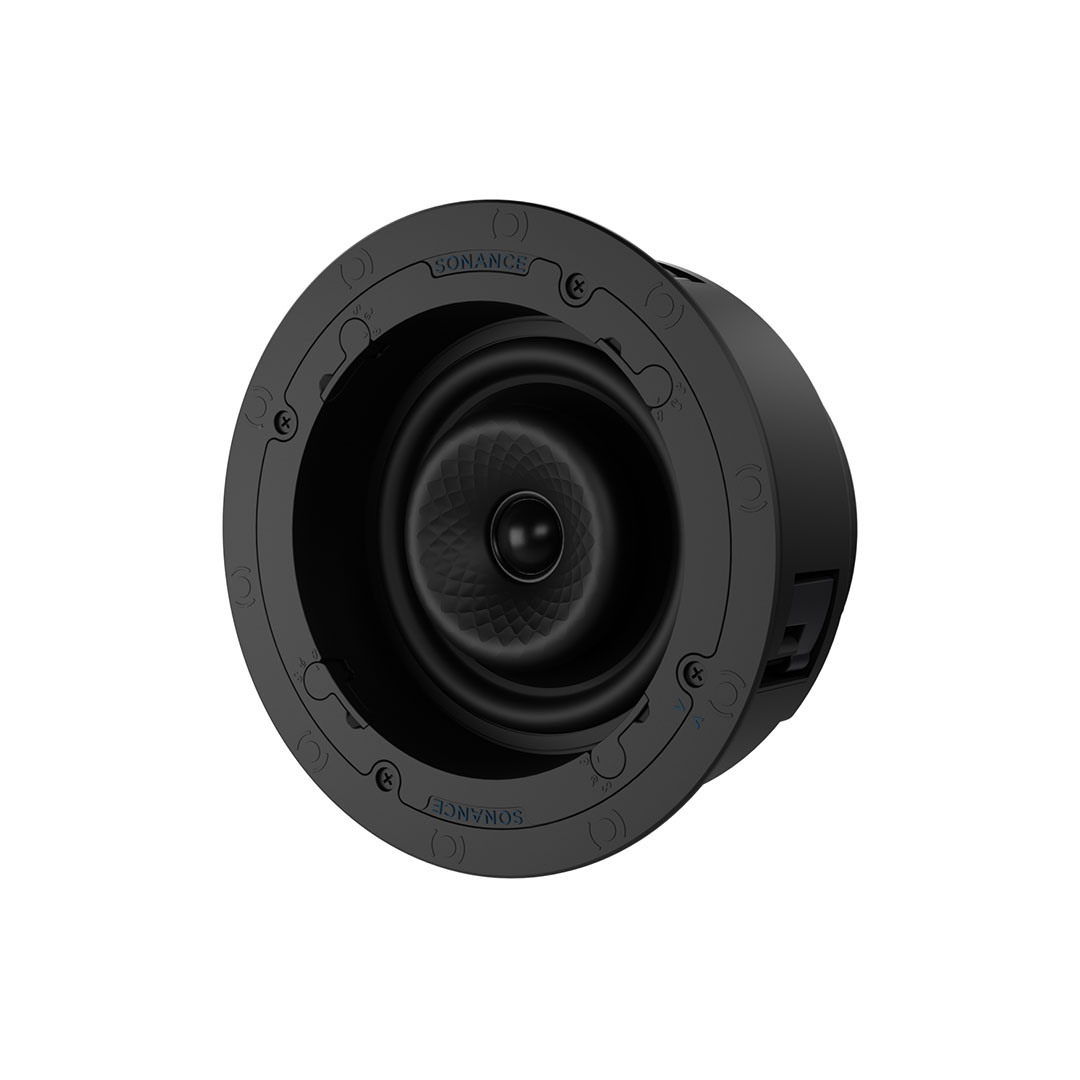 Black round in-ceiling speaker.
