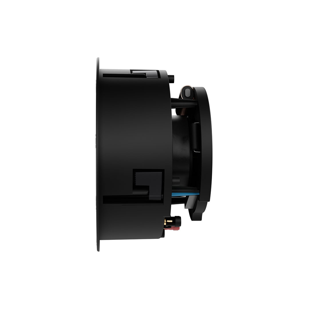 Side view of a round black speaker.