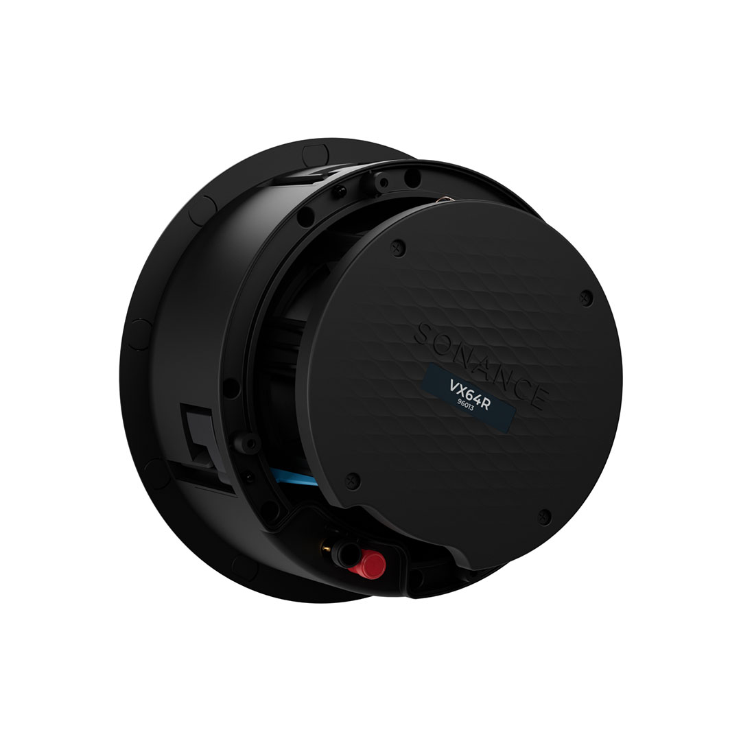 Black in-ceiling speaker, round with visible connectors.