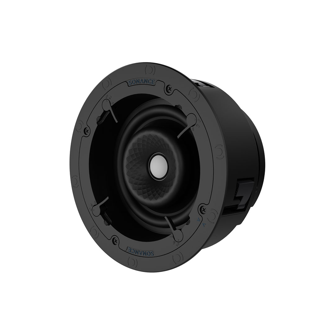 Black circular ceiling speaker, close-up view.