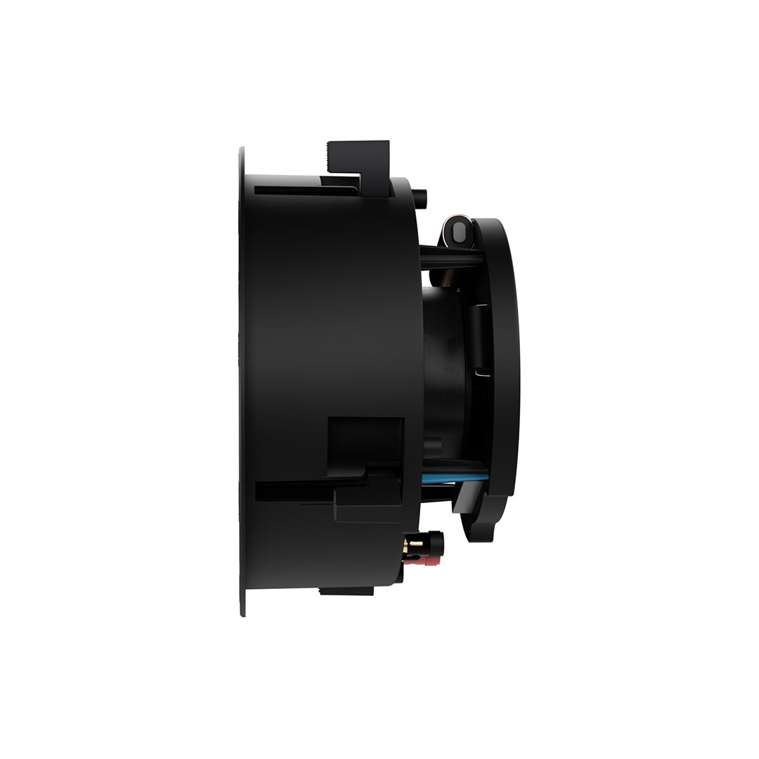 Side view of black circular speaker.