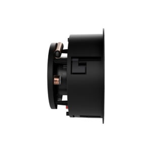 Side view of a black in-ceiling speaker