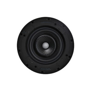 Round black ceiling speaker with intricate design.