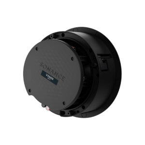 Black in-ceiling speaker, Sonance brand, side view.
