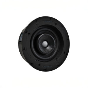 Black round ceiling speaker with hexagonal pattern cone.