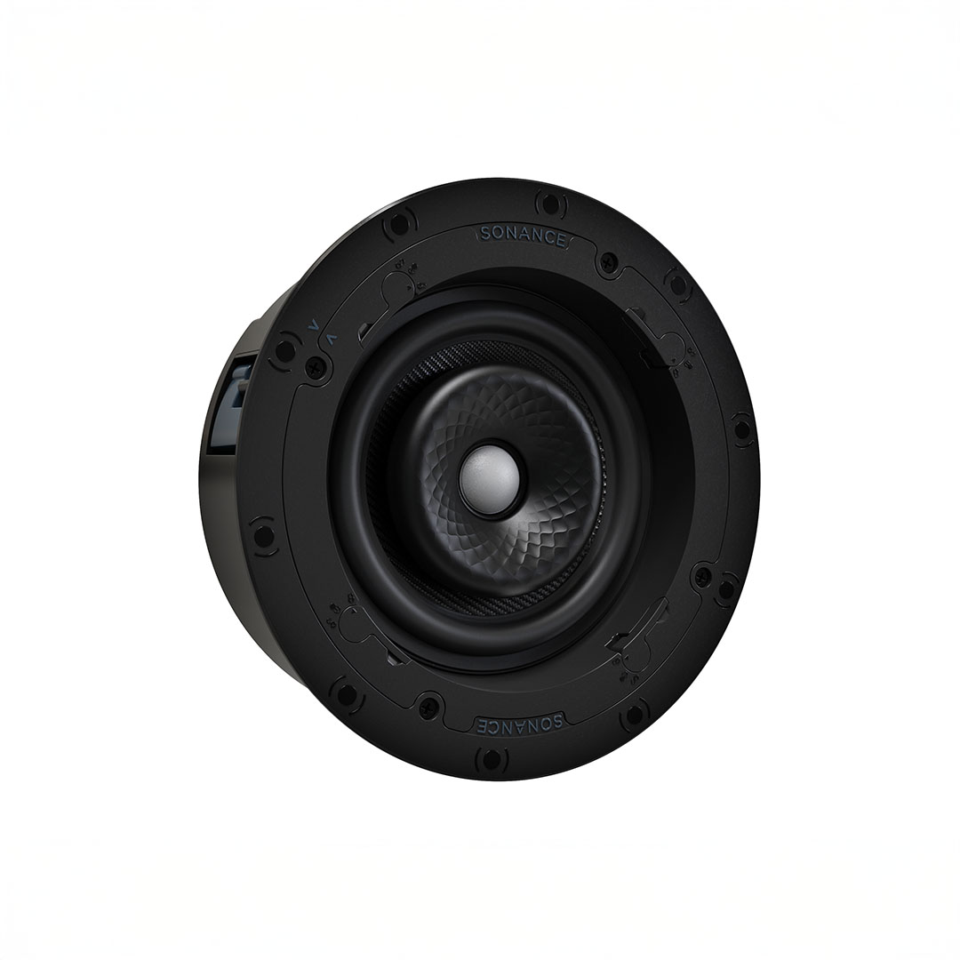 Black round ceiling speaker with hexagonal pattern cone.