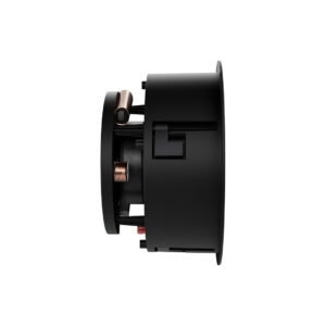 Black in-wall speaker side view.