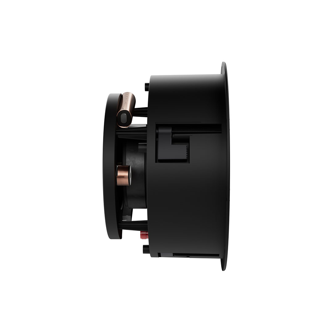 Black in-wall speaker side view.