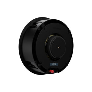 Black in-ceiling speaker with round design and connections.