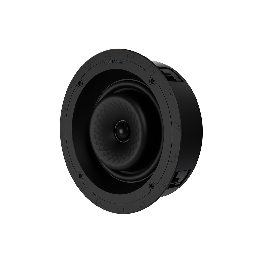 Black round speaker with textured design