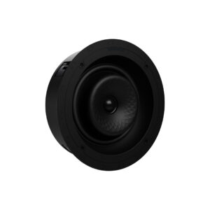 Round black speaker with unique pattern design.