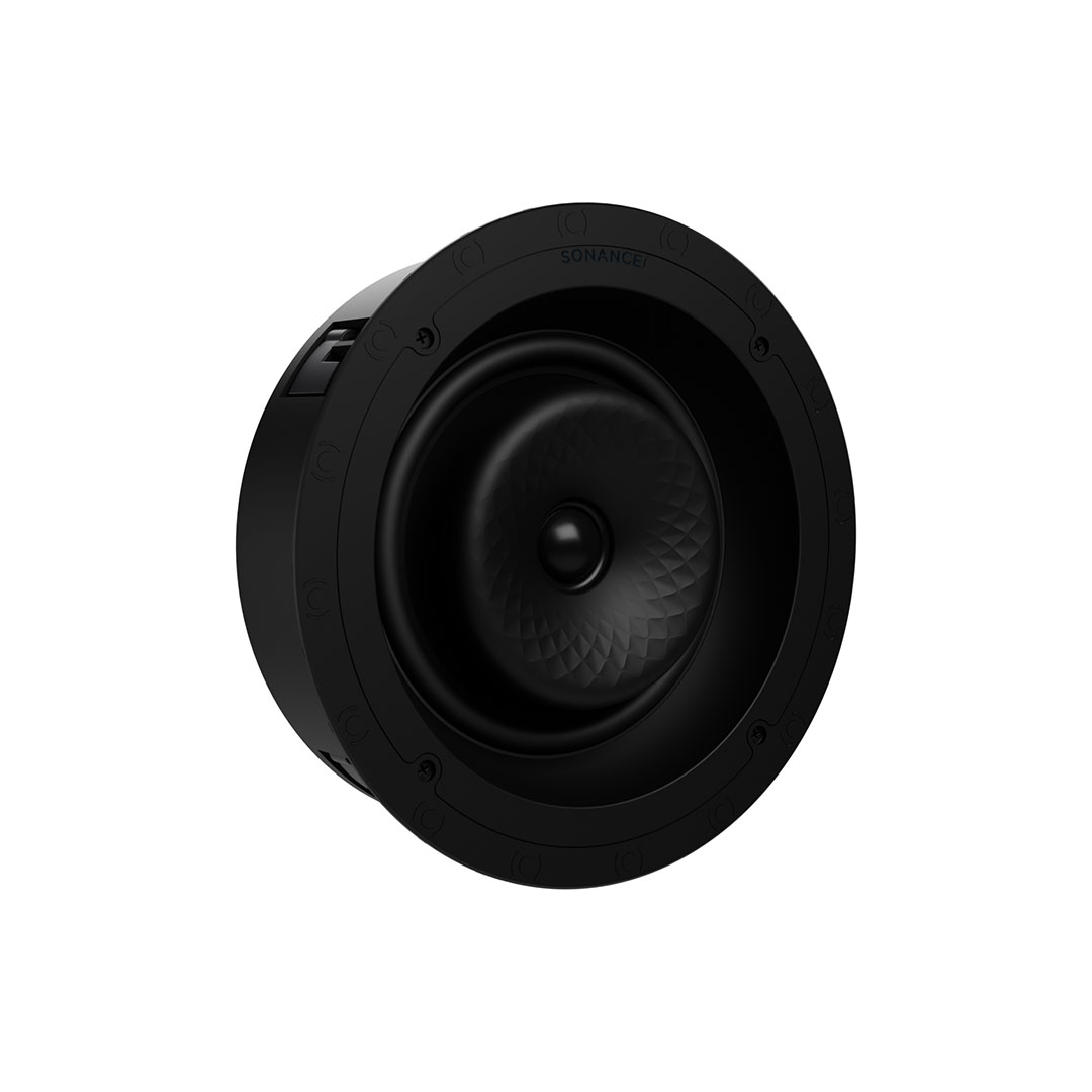 Round black speaker with unique pattern design.