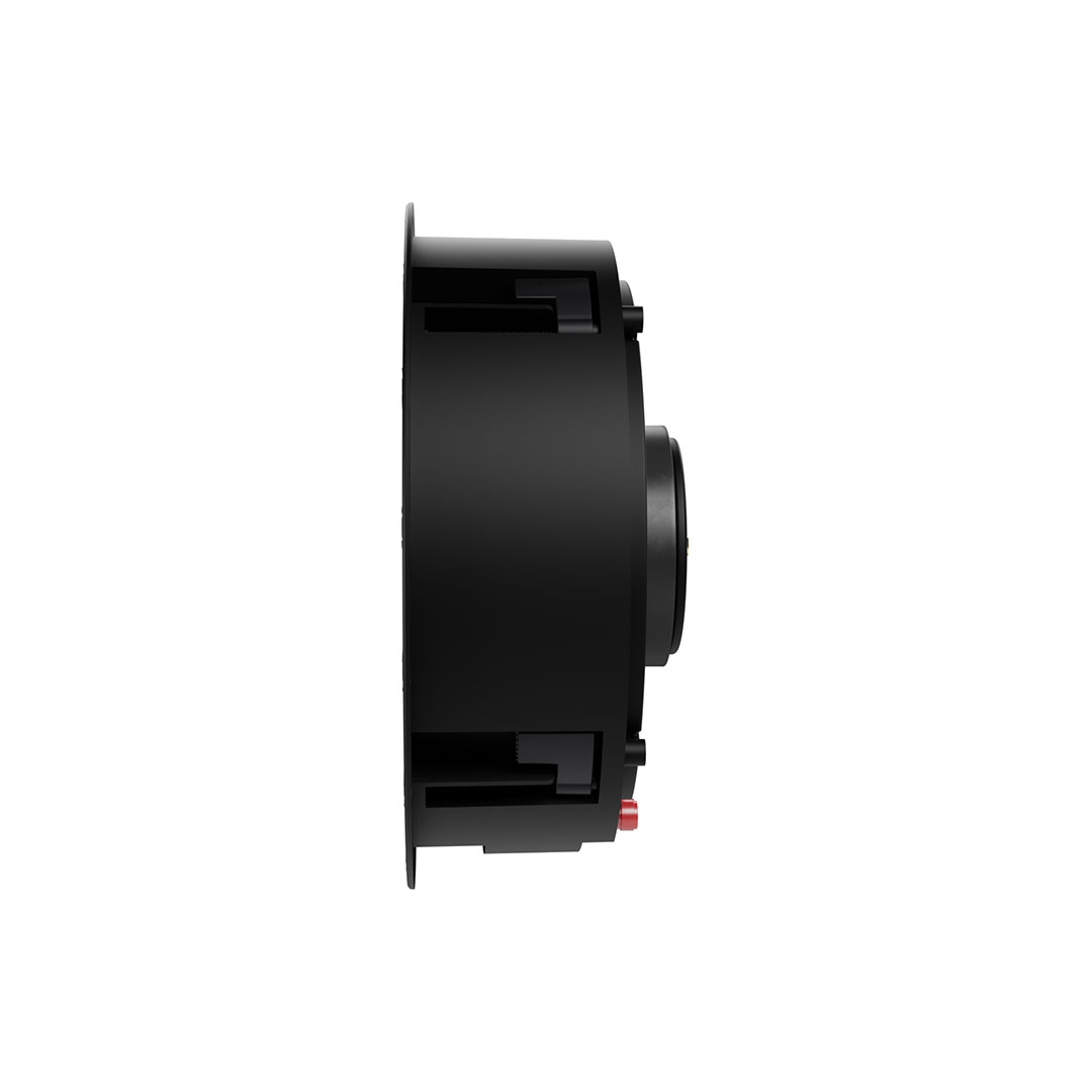 Side view of black round speaker component