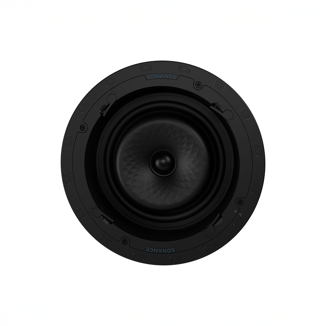 Round black ceiling speaker with trimless design