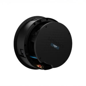 Black in-ceiling speaker with visible connectors.