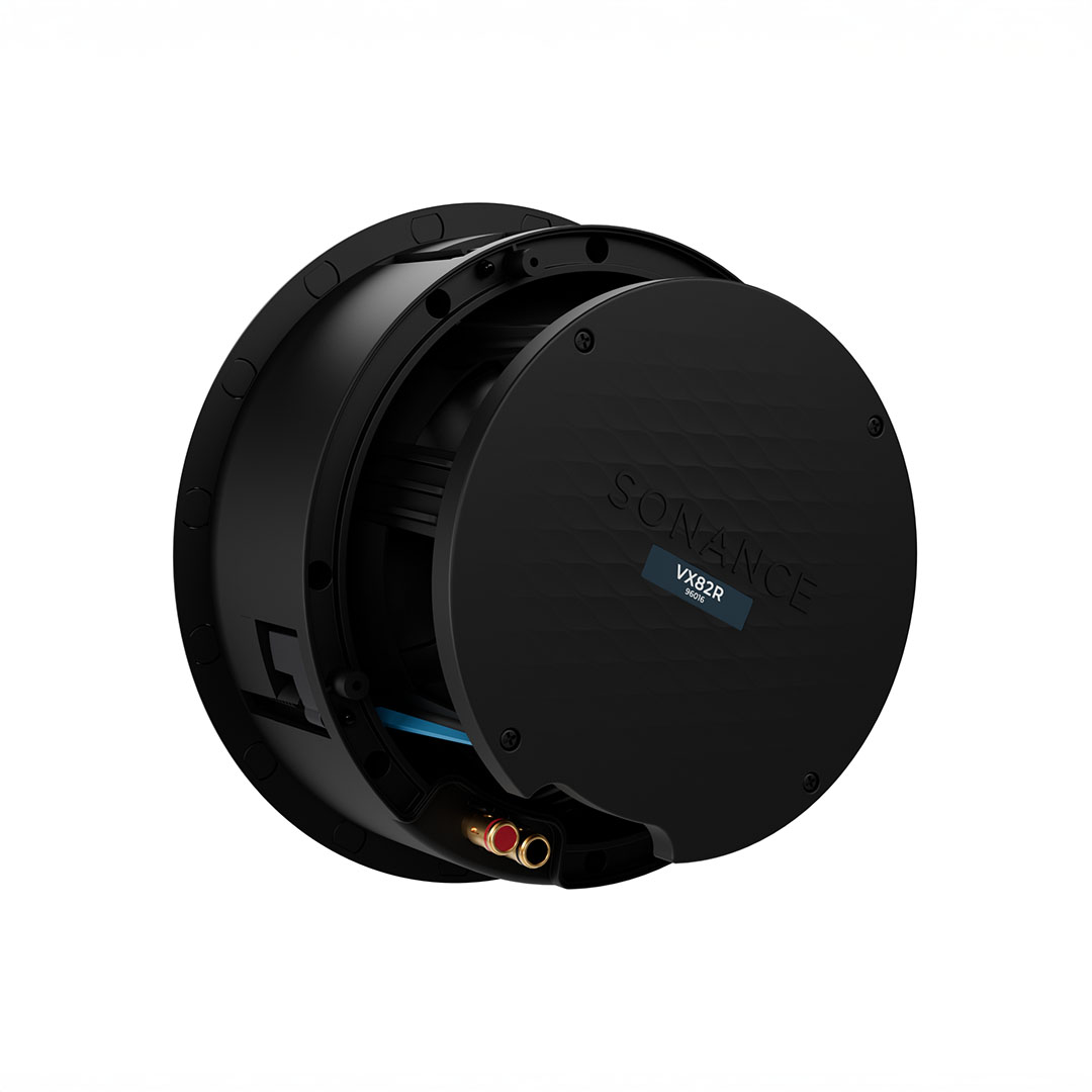 Black in-ceiling speaker with visible connectors.