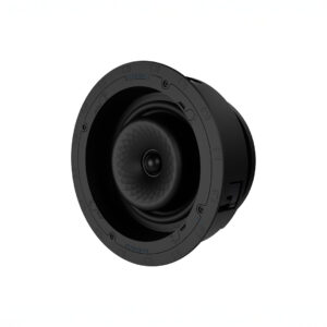 Black in-ceiling speaker with a round design