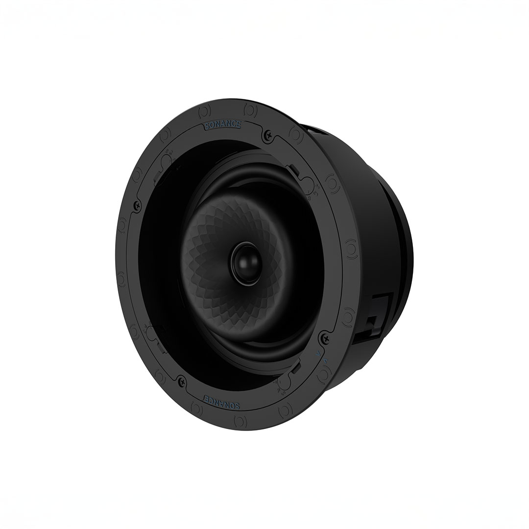 Black in-ceiling speaker with a round design