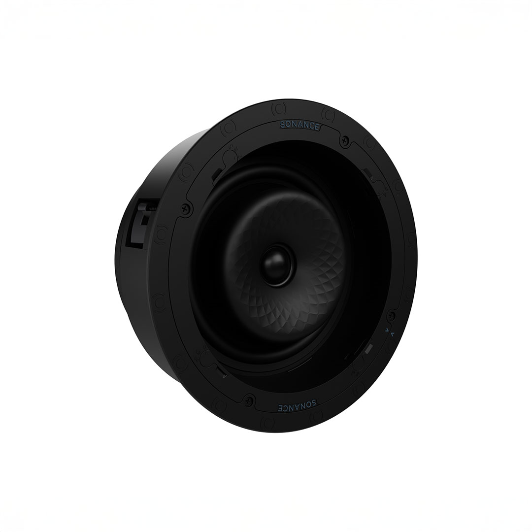 In-ceiling black speaker with textured grille.
