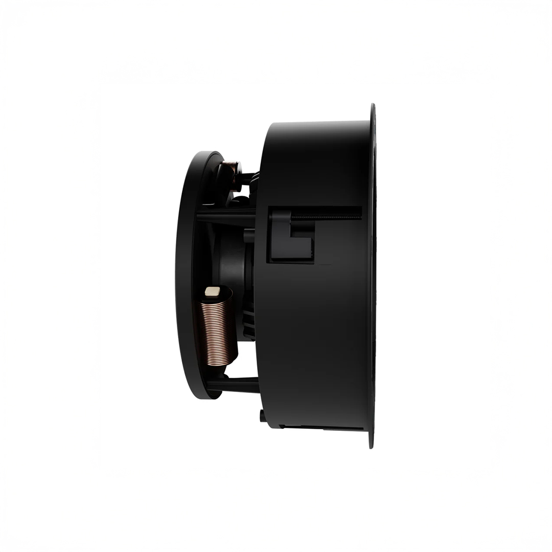 Side view of black speaker driver component.