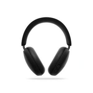 Black wireless over-ear headphones on white background.