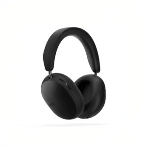 Black over-ear wireless headphones isolated on white background.