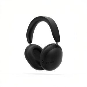 Black over-ear wireless headphones on white background.