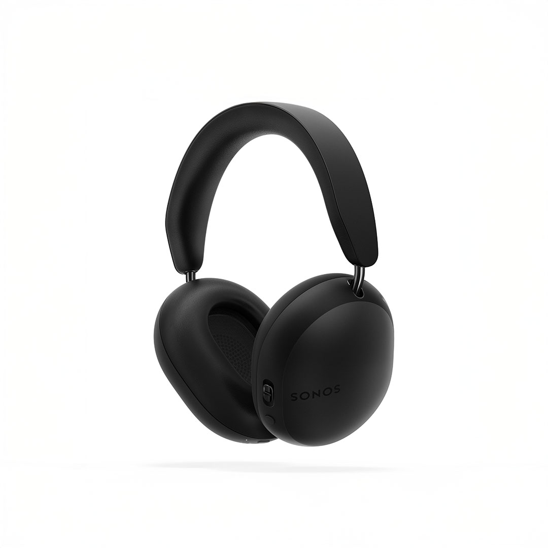 Black over-ear wireless headphones on white background.