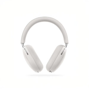 White over-ear wireless headphones on white background.