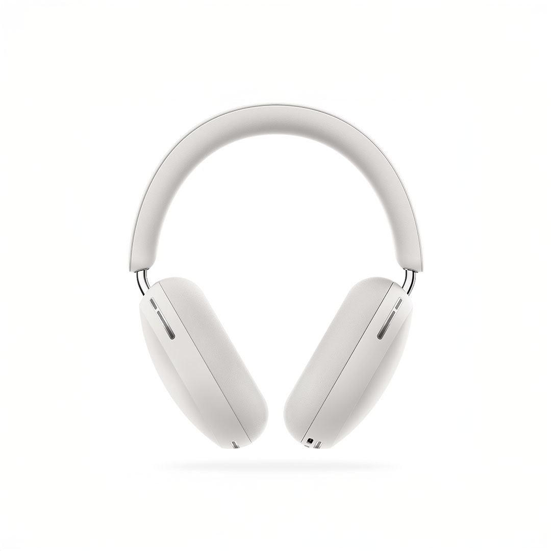 White over-ear wireless headphones on white background.