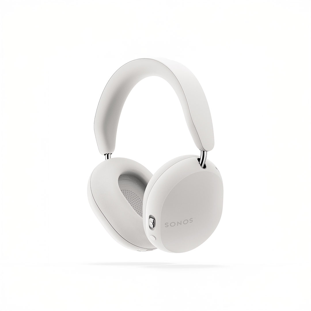 White Sonos headphones isolated on white background.