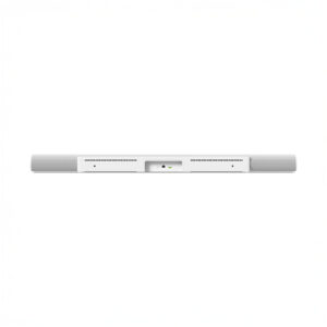 White soundbar with front-mounted controls and ports.
