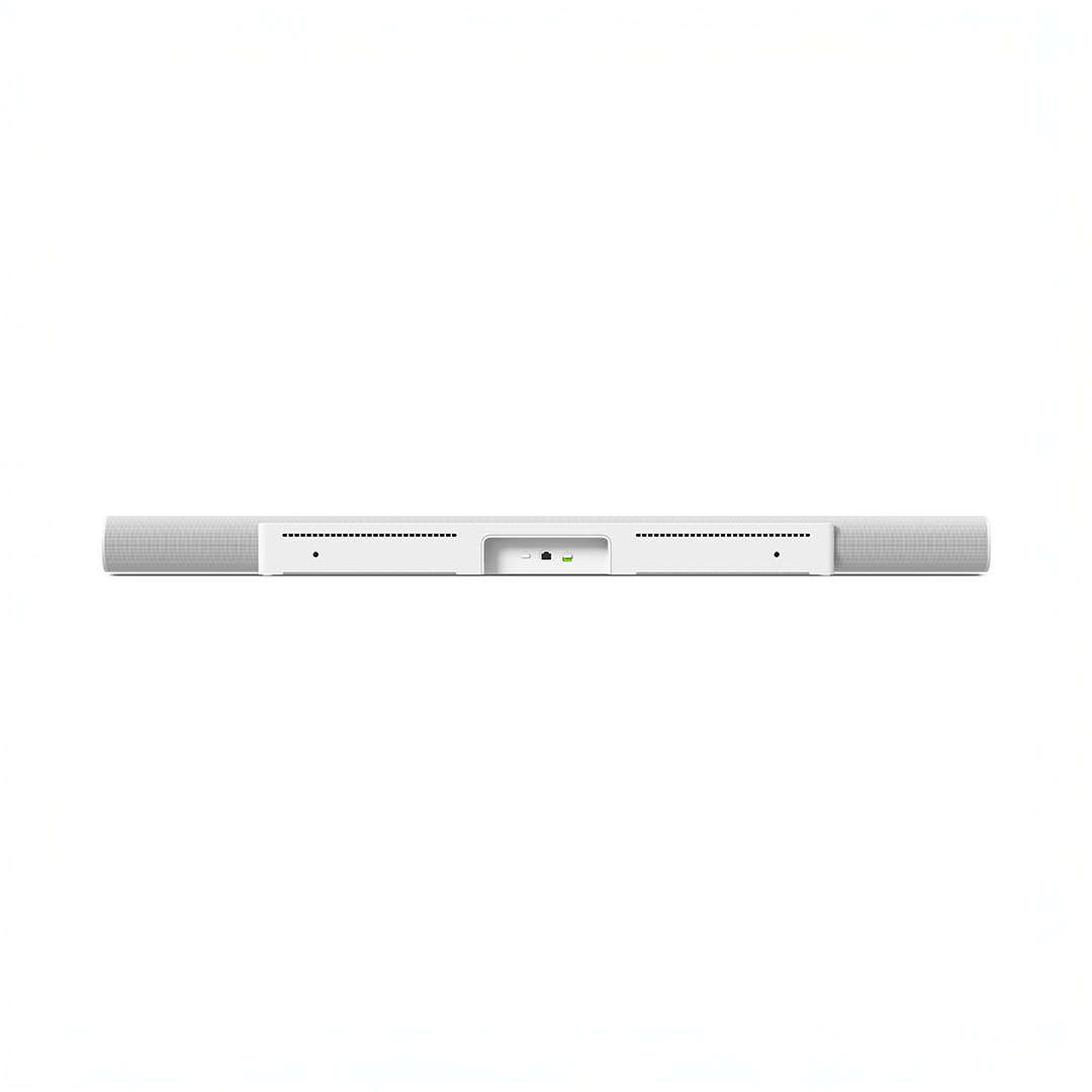 White soundbar with front-mounted controls and ports.