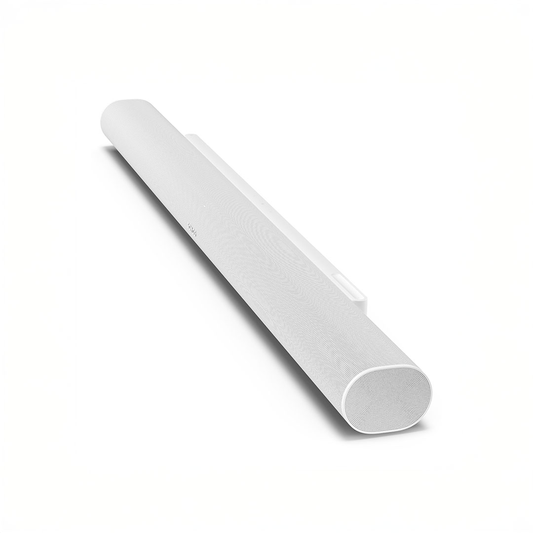 White soundbar angled view on white background.