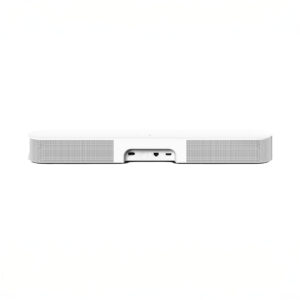 White soundbar with various rear input ports.
