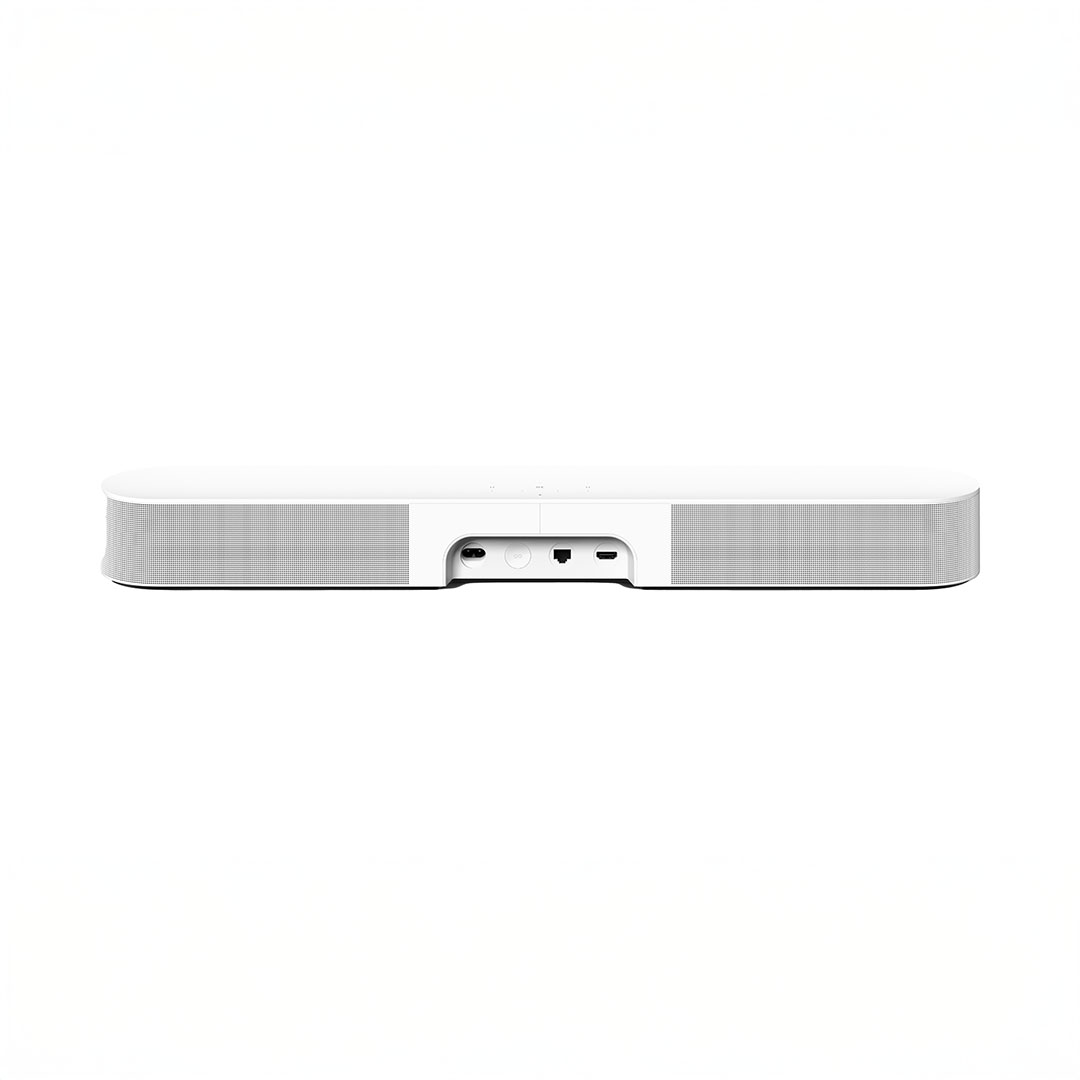 White soundbar with various rear input ports.