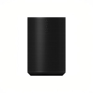 Black wireless speaker with logo