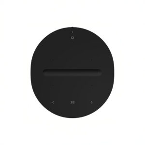 Black circular speaker with touch controls.