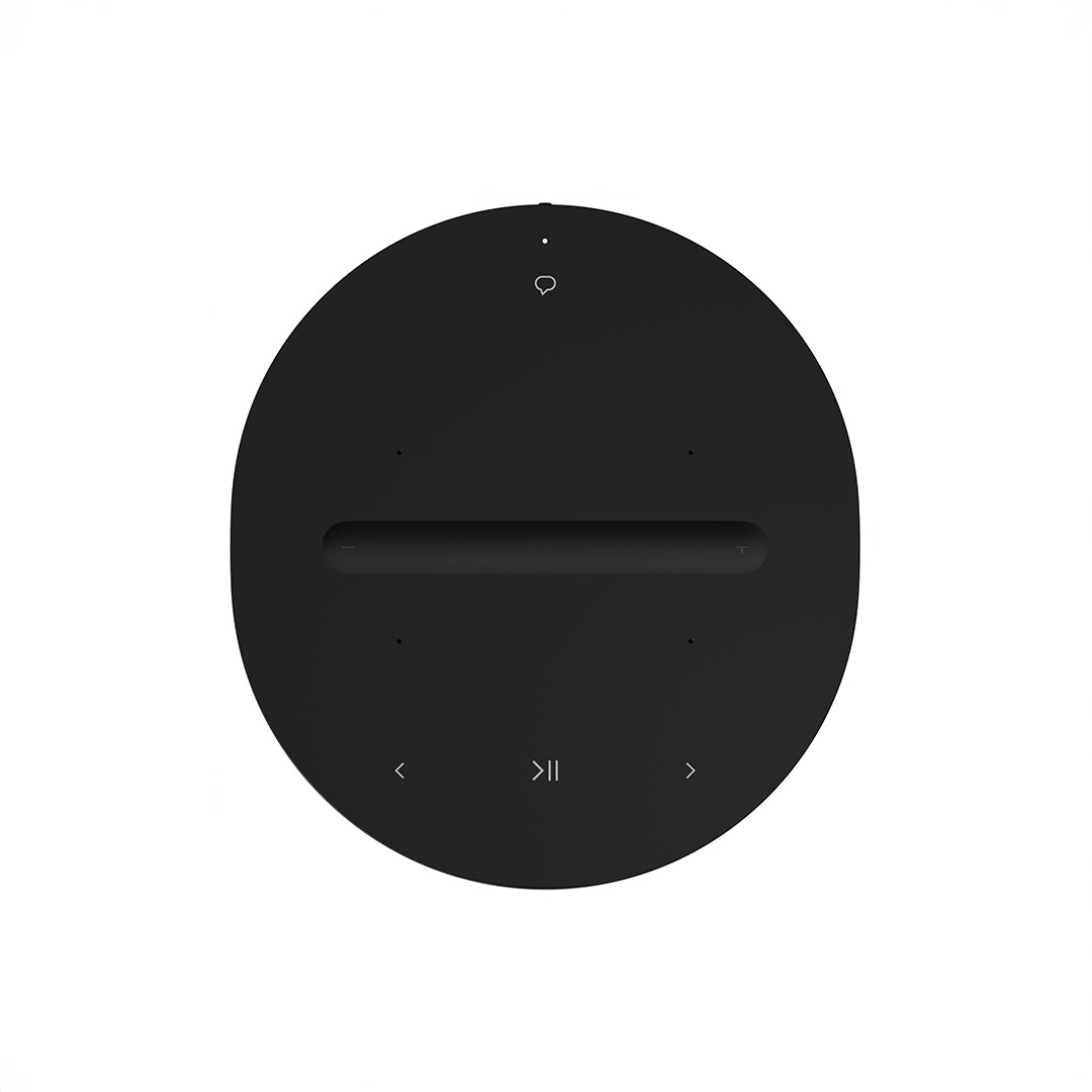 Black circular speaker with touch controls.