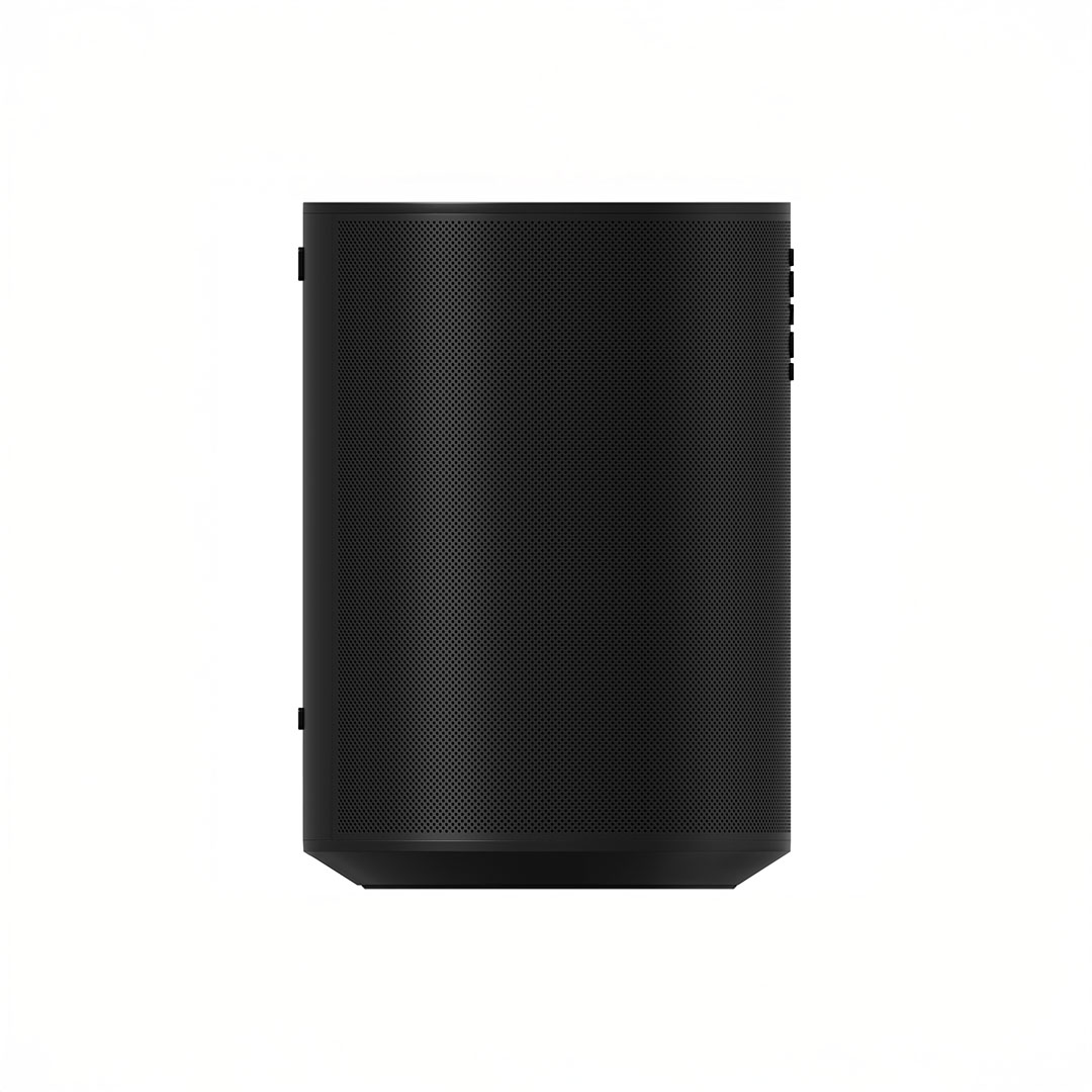 Black smart speaker on white background